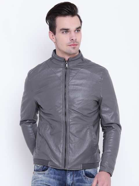 

Fort Collins Men Grey Solid Biker Jacket