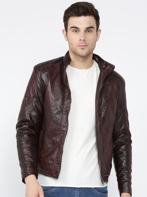 

Fort Collins Men Maroon Solid Biker Jacket