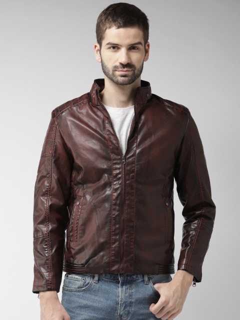 

Fort Collins Men Burgundy Solid Biker Jacket