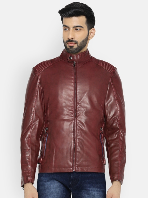 

Fort Collins Men Maroon Solid Biker Jacket