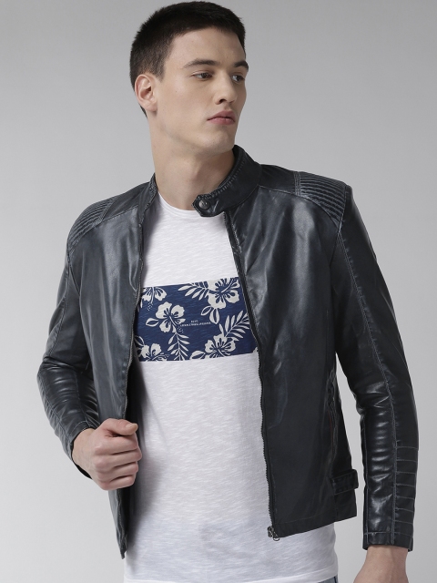 

Fort Collins Men Charcoal Grey Solid Biker Jacket