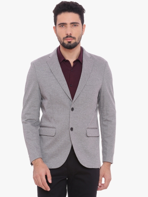 

Basics Grey Self-Design Slim Fit Single-Breasted Formal Blazer