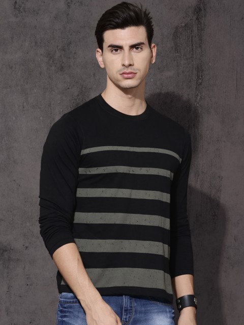 

Roadster Men Black & Grey Striped Round Neck T-shirt