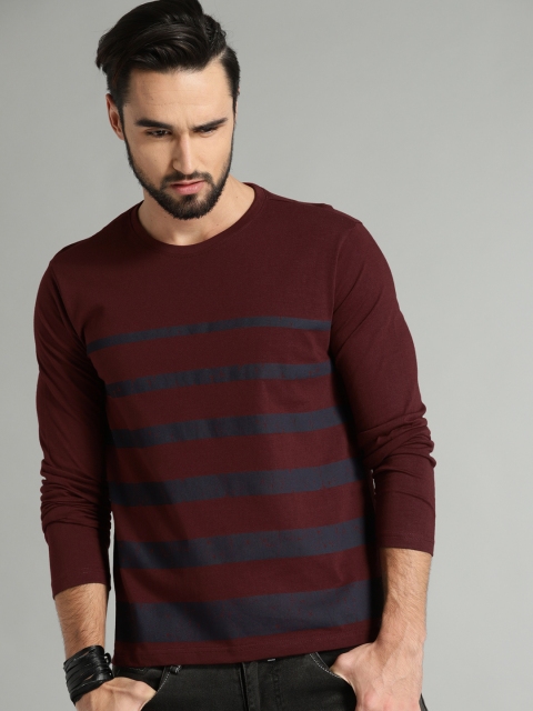 

Roadster Men Maroon Navy Striped Round Neck Pure Cotton T-shirt
