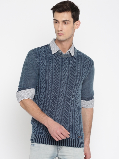 

SPYKAR Men Blue Self Design Pullover