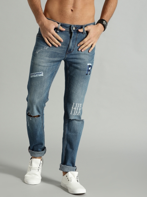 

Roadster Men Blue Skinny Fit Mid-Rise Slash Knee Stretchable Printed Jeans