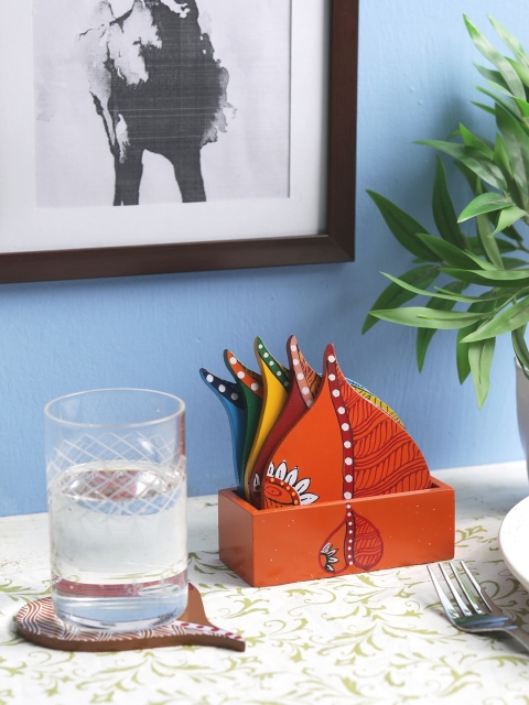 

VarEesha Orange Set of 6 Wooden Hand Painted Multi-Coloured Coasters