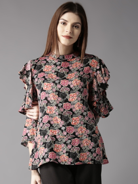 

HERE&NOW Women Black & Pink Floral Print Cold-Shoulder Ruffled Top