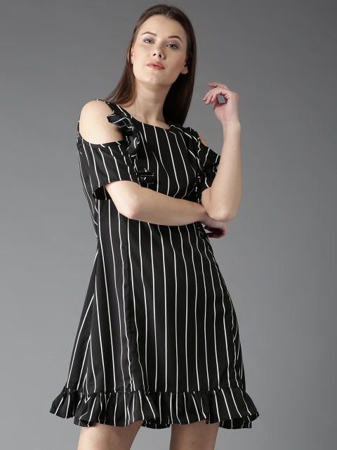 

HERE&NOW Women Black & White Striped A-Line Dress with Ruffles