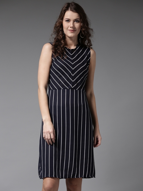 

HERE&NOW Women Navy & White Striped A-Line Dress, Navy blue