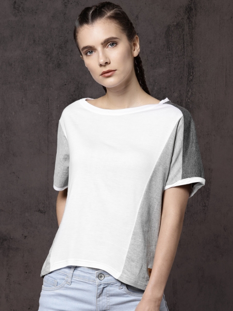 

Roadster Women White & Grey Colourblocked Round Neck T-shirt