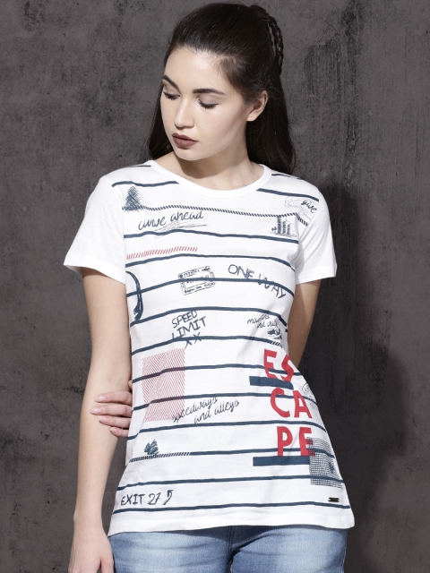 

Roadster Women White Striped Round Neck T-shirt