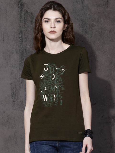 

Roadster Women Olive Green Printed Round Neck T-shirt