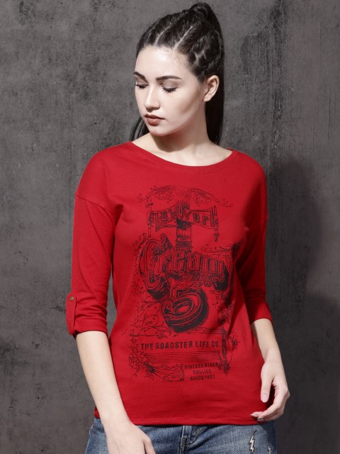 

Roadster Women Red Printed Round Neck T-Shirt