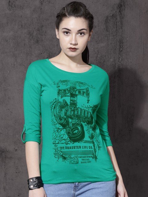 

Roadster Women Green Printed Round Neck Blouson Top