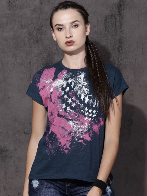 

Roadster Women Navy Blue Printed Round Neck T-shirt