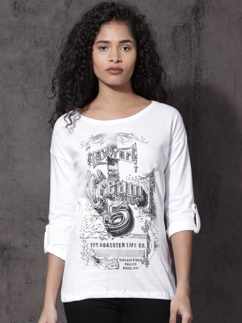 

Roadster Women White Printed Round Neck T-shirt