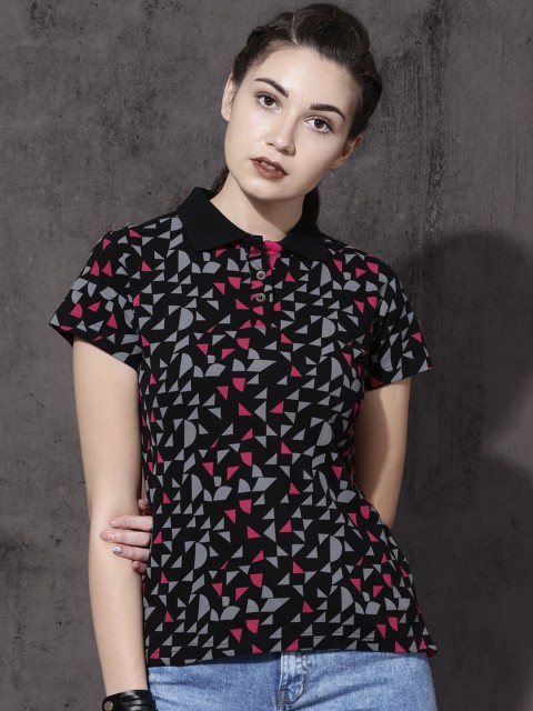 

Roadster Women Black Printed Polo Collar T-shirt