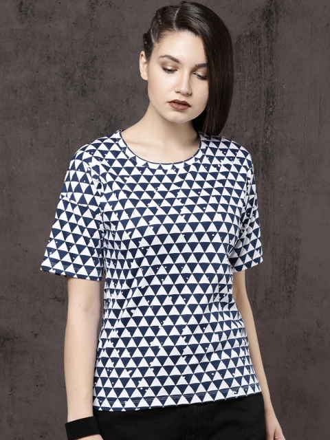 

Roadster Women Navy & White Printed Round Neck T-shirt, Navy blue