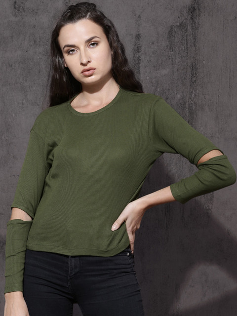 

Roadster Women OliveGreen Solid Pure Cotton Top, Olive