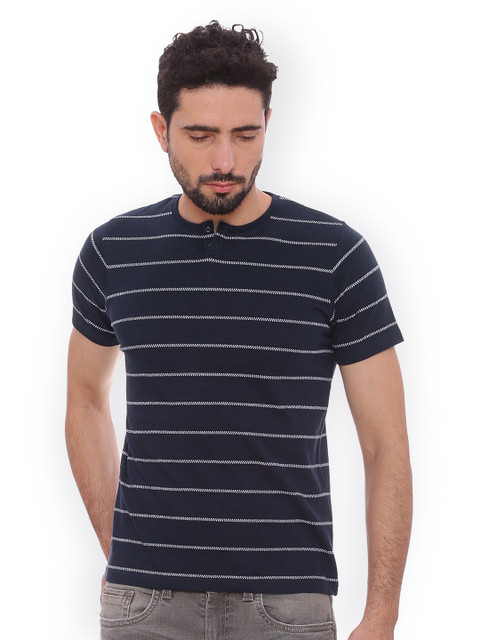 

Basics Men Navy Blue Striped Henley Neck T-shirt