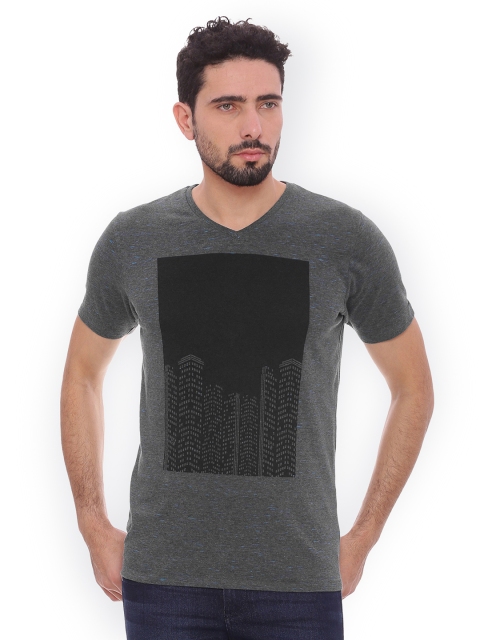 

Basics Men Grey Printed V-Neck T-shirt