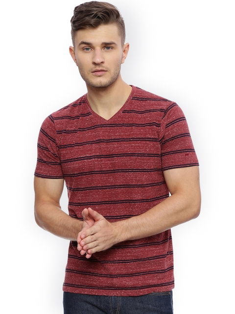 

Basics Men Red Striped V-Neck T-shirt