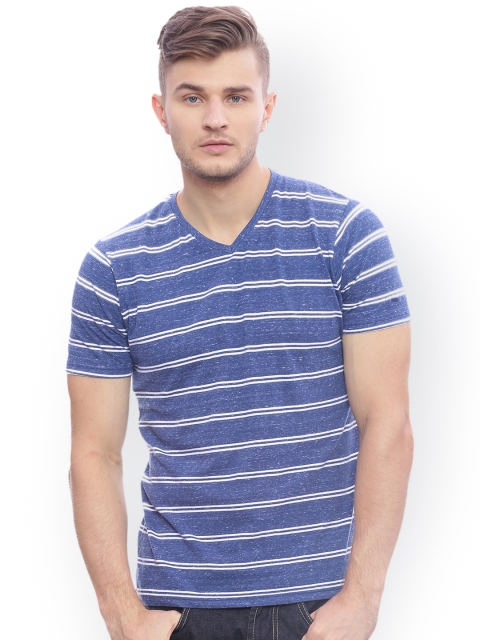 

Basics Men Blue Striped Slim Fit V-Neck T-shirt