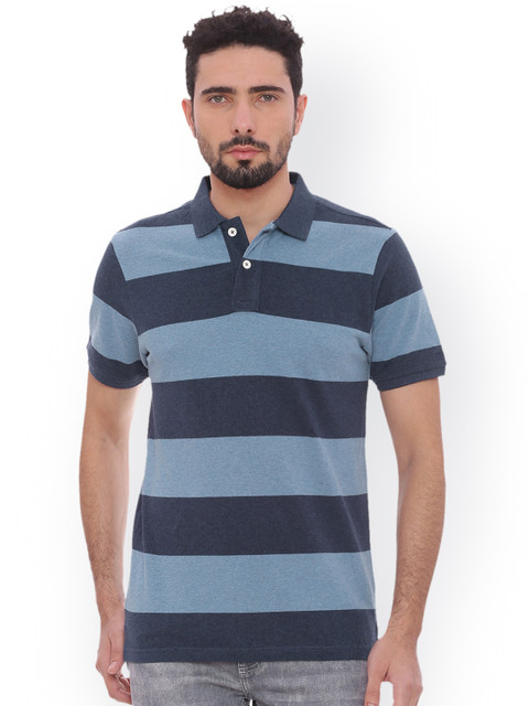 

Basics Men Blue Striped Polo Collar Slim Fit T-shirt