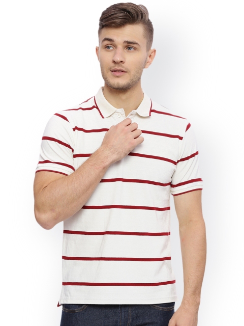 

Basics Men Cream & Red Striped Polo Collar Slim Fit T-shirt