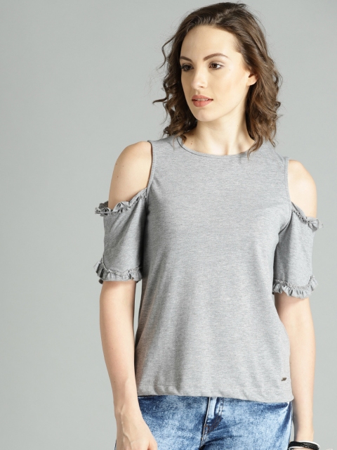 

Roadster Women Grey Melange Solid Cold-Shoulder Top