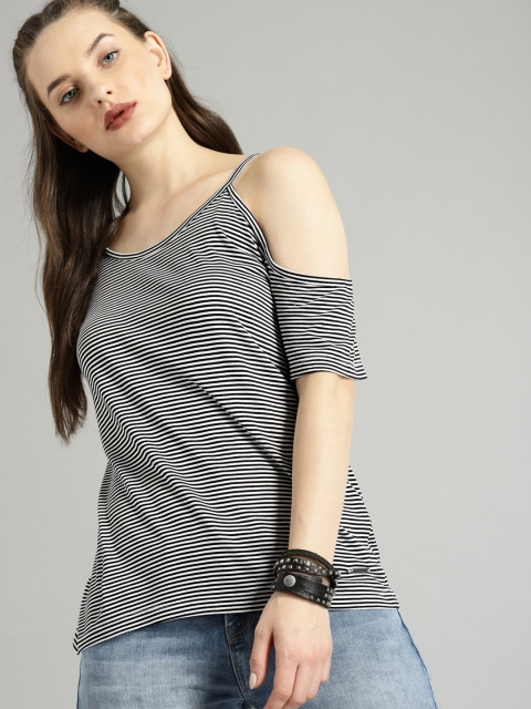 

Roadster Women Black & White Striped Pure Cotton Top