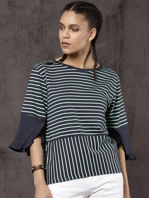 

Roadster Time Travlr Women Navy Blue & Sea Green Striped Top