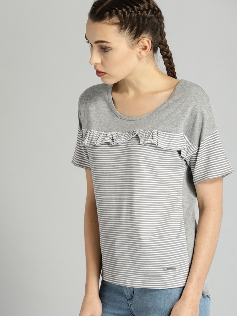 

Roadster Time Travlr Women Grey Striped Round Neck T-shirt