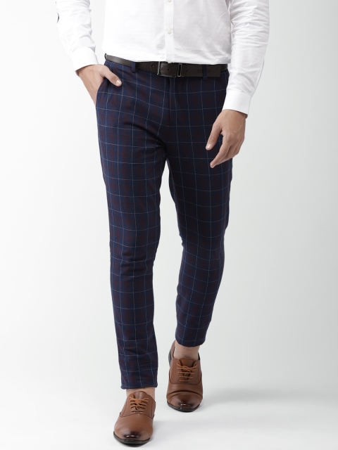 

INVICTUS Men Blue & Maroon Regular Fit Checked Linen Formal Trousers