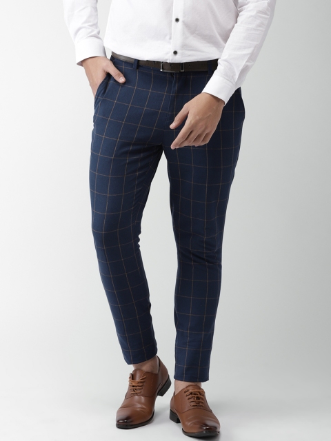 

INVICTUS Men Blue & Mustard Slim Fit Checked Linen Formal Trousers