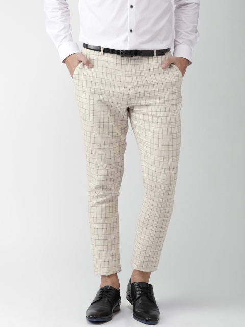 

INVICTUS Men Beige & Brown Slim Fit Checked Regular Trousers