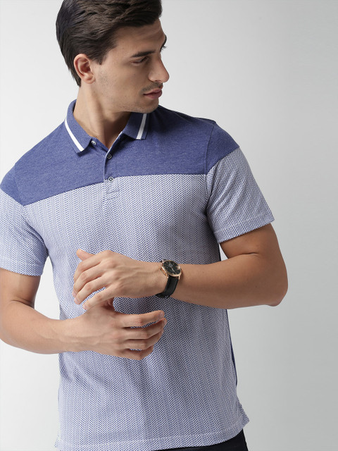 

INVICTUS Men Blue White Printed Slim Fit Polo Collar T-shirt