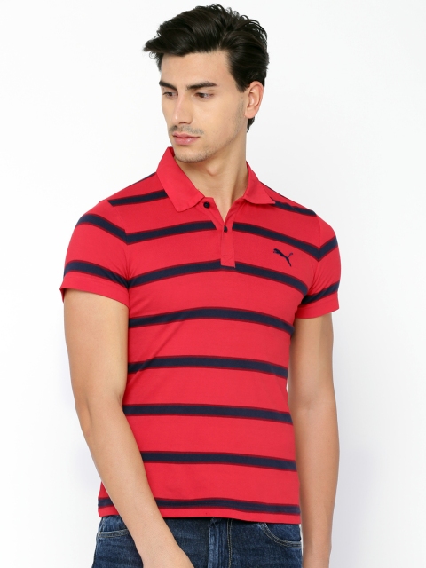 

Puma Men Red & Navy India Striped Jersey Striped Polo Collar Slim Fit T-shirt