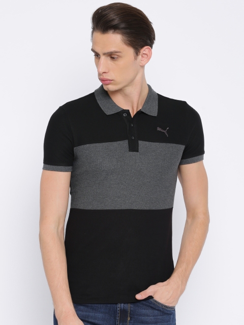 

Puma Men Charcoal Grey & Black Slim Fit Colourblocked Polo Collar T-shirt