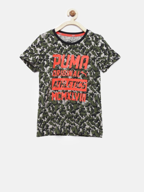 

Puma Boys Olive Green Printed Style Graphic DryCell Pure Cotton T-shirt