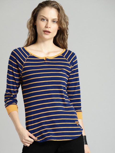 

Roadster Women Navy & Mustard Striped Pure Cotton Top, Navy blue