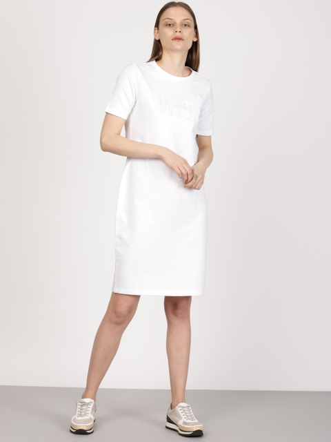 

ether Women White Solid T-shirt Dress with Embossed Detail