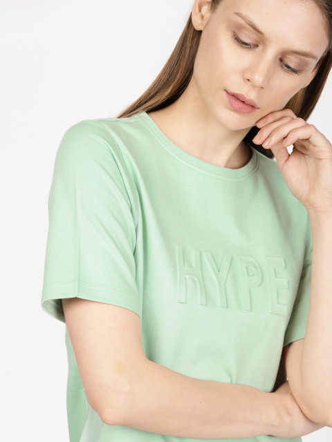 

ether Women Green Solid T-shirt Dress with Embossed Detail