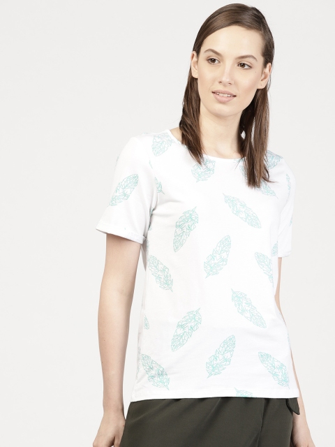 

ether Women White & Green Printed Round Neck T-shirt