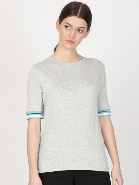 

ether Women Grey Melange Solid Round Neck T-shirt with Ribbed Cuffs