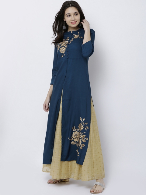 

Vishudh Women Blue & Gold-Toned Solid Straight Kurta