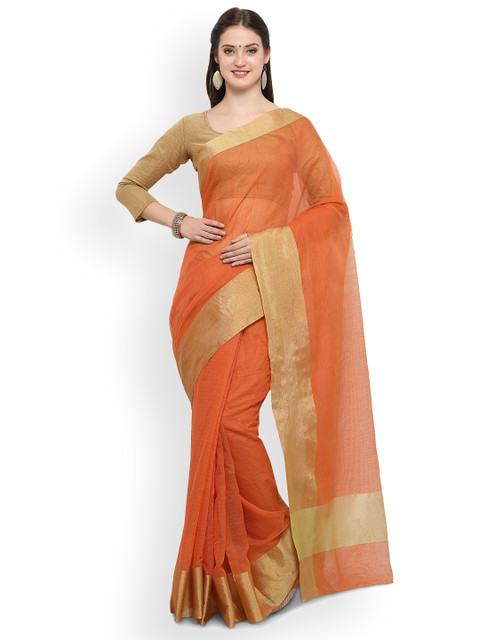 

Saree mall Orange Silk Blend Striped Maheshwari Saree