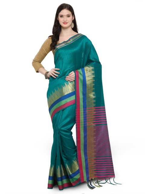 

Saree mall Teal Silk Blend Striped Banarasi Saree
