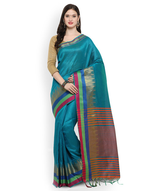 

Saree mall Teal Silk Blend Striped Banarasi Saree